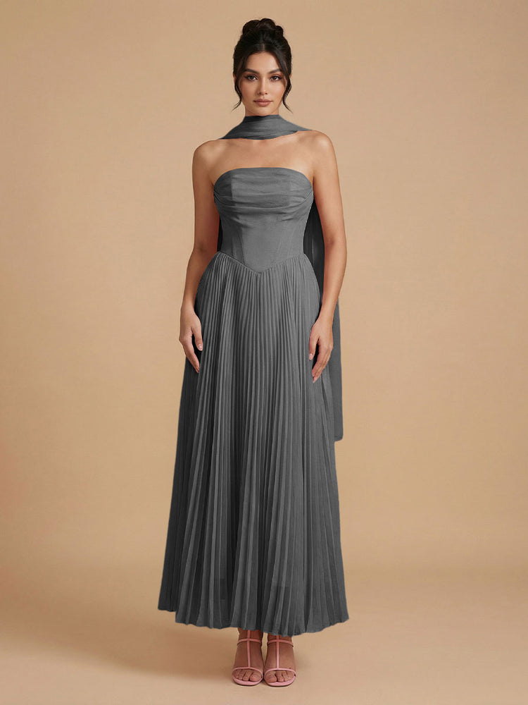 Chiffon A-Line Strapless Long Bridesmaid Dresses with Scarf