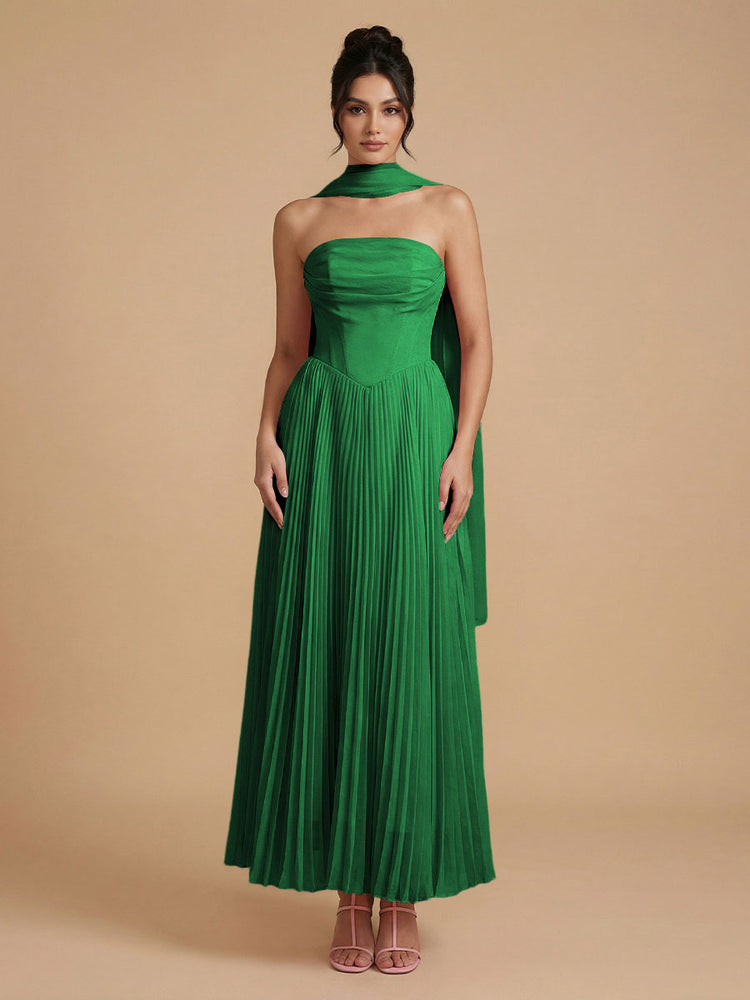 Chiffon A-Line Strapless Long Bridesmaid Dresses with Scarf
