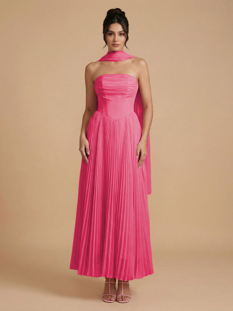 Chiffon A-Line Strapless Long Bridesmaid Dresses with Scarf