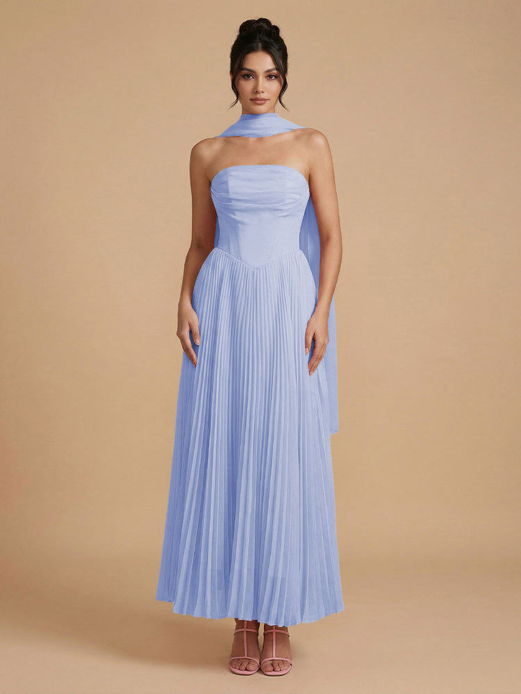 Chiffon A-Line Strapless Long Bridesmaid Dresses with Scarf
