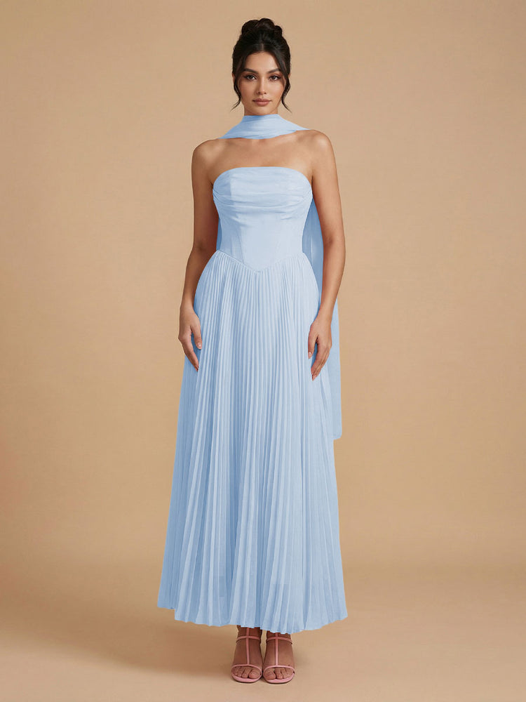 Chiffon A-Line Strapless Long Bridesmaid Dresses with Scarf