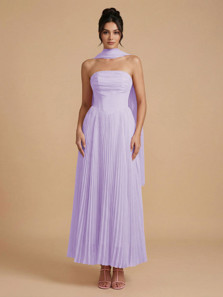 Chiffon A-Line Strapless Long Bridesmaid Dresses with Scarf