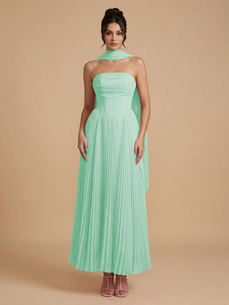 Chiffon A-Line Strapless Long Bridesmaid Dresses with Scarf