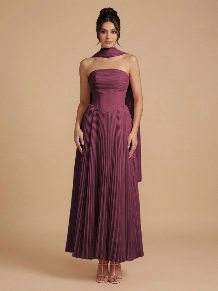 Chiffon A-Line Strapless Long Bridesmaid Dresses with Scarf