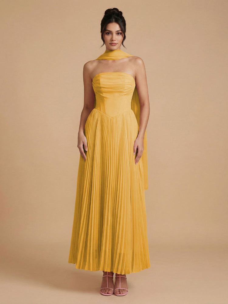 Chiffon A-Line Strapless Long Bridesmaid Dresses with Scarf