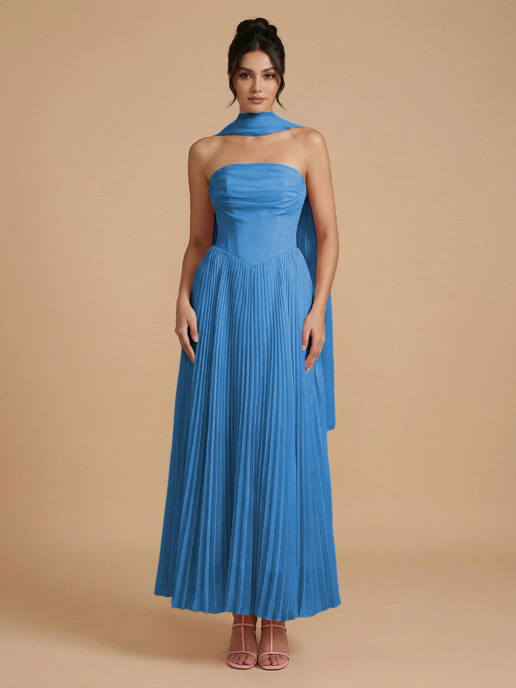 Chiffon A-Line Strapless Long Bridesmaid Dresses with Scarf