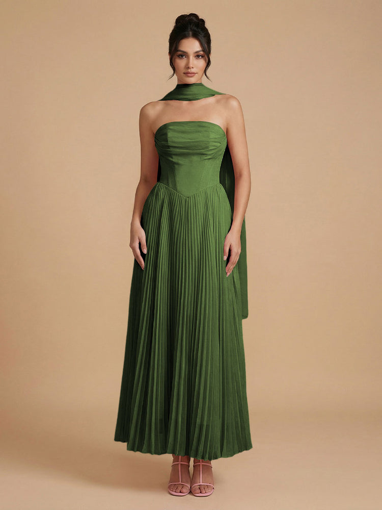 Chiffon A-Line Strapless Long Bridesmaid Dresses with Scarf