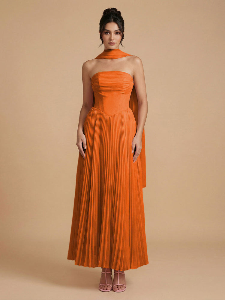 Chiffon A-Line Strapless Long Bridesmaid Dresses with Scarf