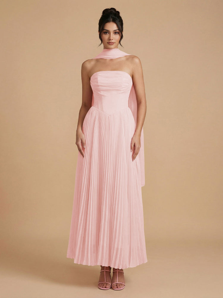 Chiffon A-Line Strapless Long Bridesmaid Dresses with Scarf