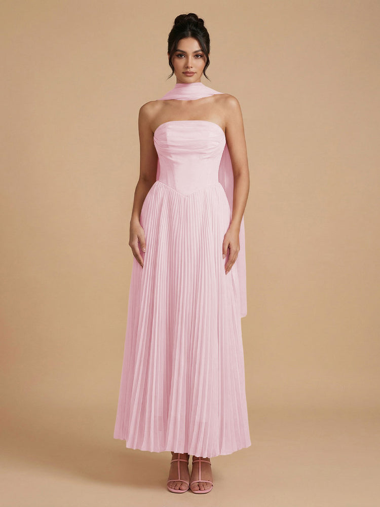 Chiffon A-Line Strapless Long Bridesmaid Dresses with Scarf