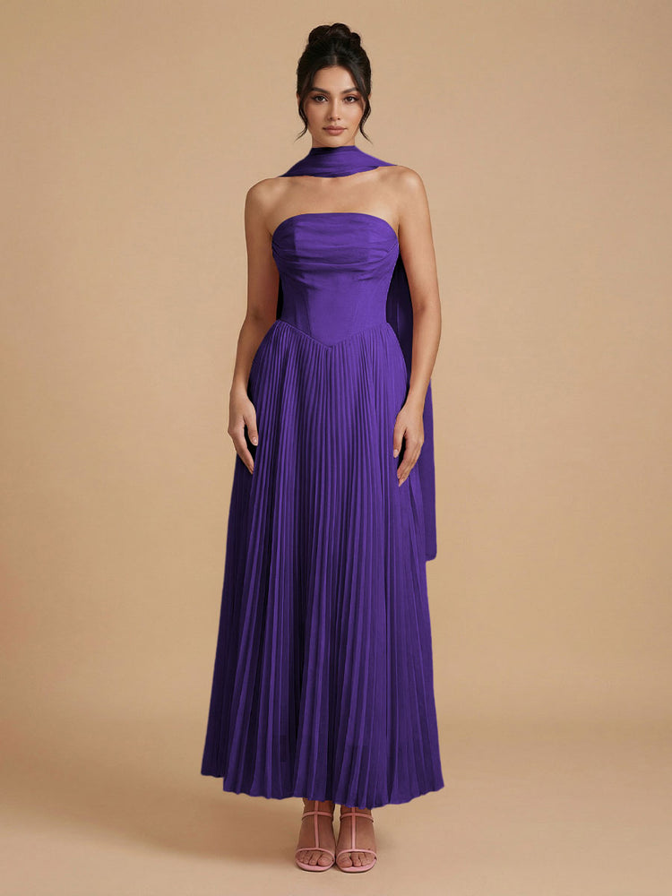 Chiffon A-Line Strapless Long Bridesmaid Dresses with Scarf