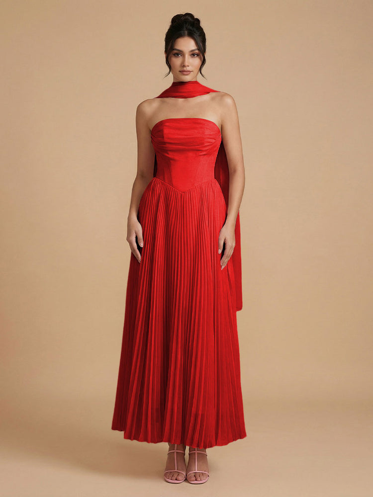 Chiffon A-Line Strapless Long Bridesmaid Dresses with Scarf