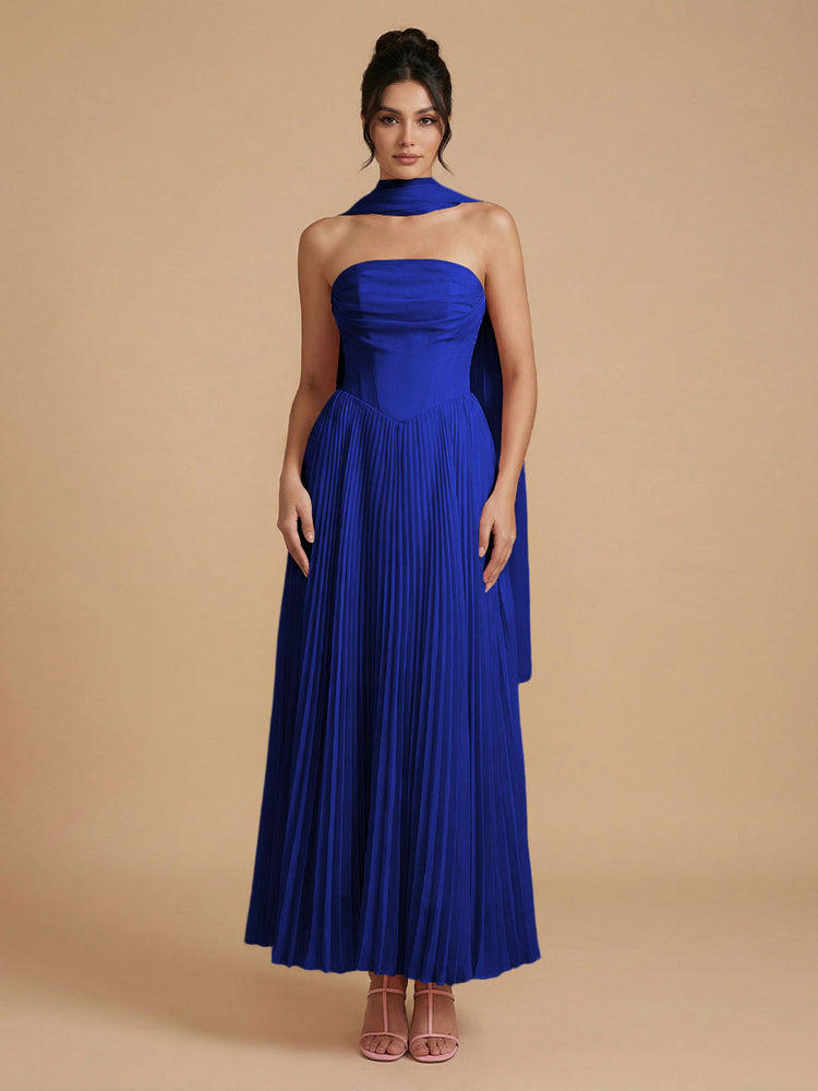 Chiffon A-Line Strapless Long Bridesmaid Dresses with Scarf