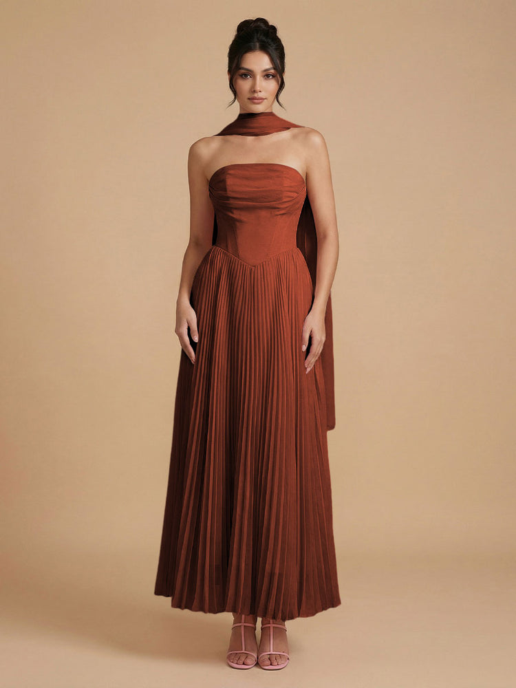 Chiffon A-Line Strapless Long Bridesmaid Dresses with Scarf