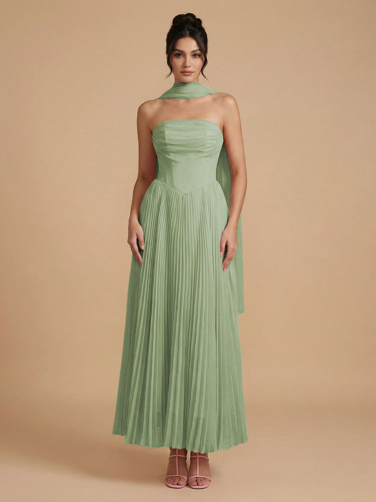 Chiffon A-Line Strapless Long Bridesmaid Dresses with Scarf