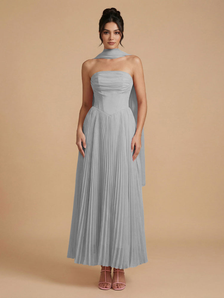 Chiffon A-Line Strapless Long Bridesmaid Dresses with Scarf