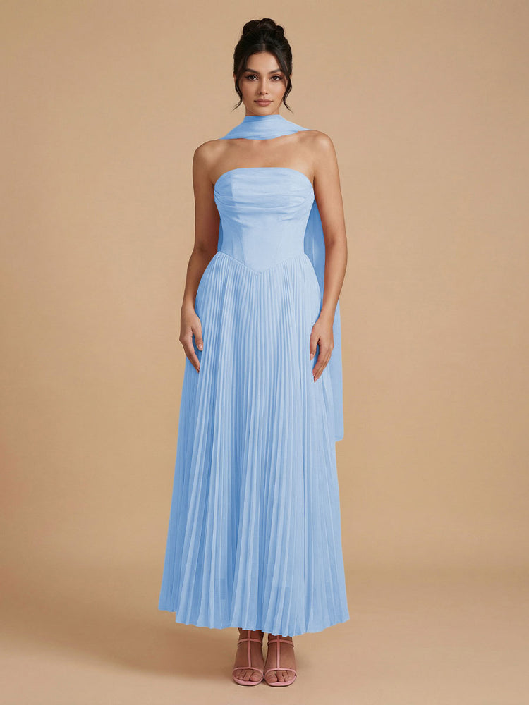 Chiffon A-Line Strapless Long Bridesmaid Dresses with Scarf