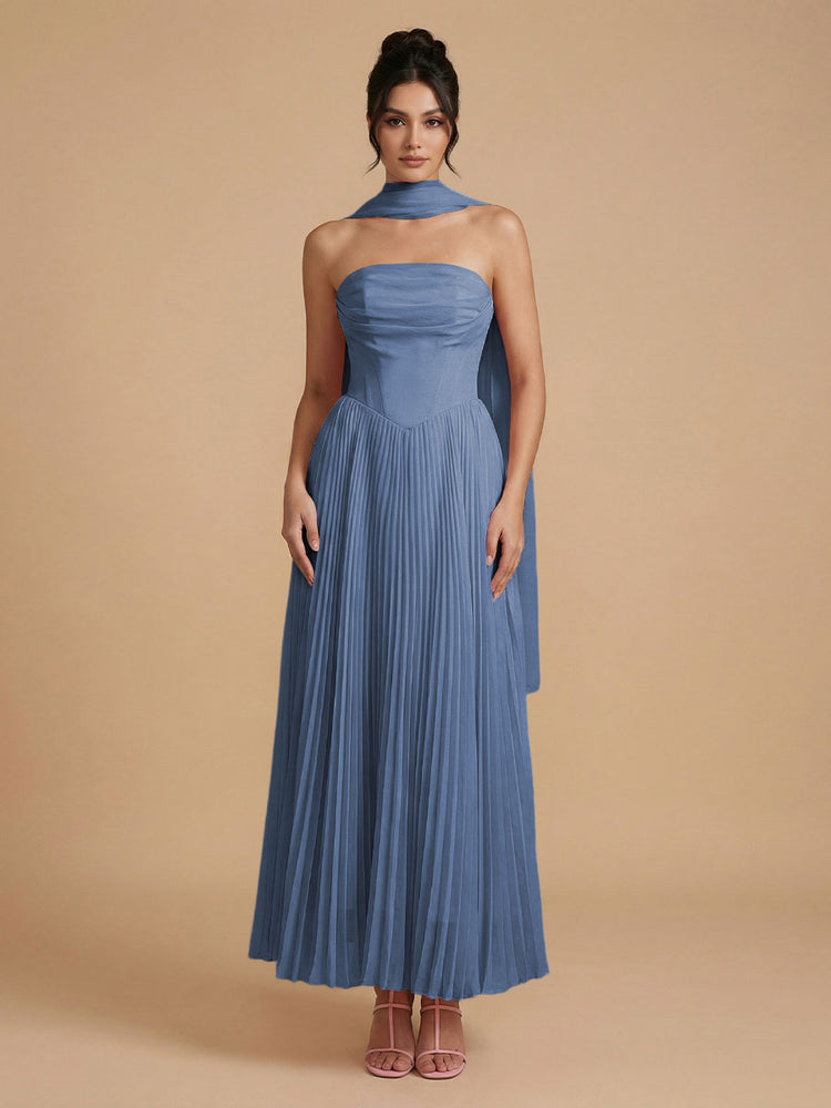 Chiffon A-Line Strapless Long Bridesmaid Dresses with Scarf