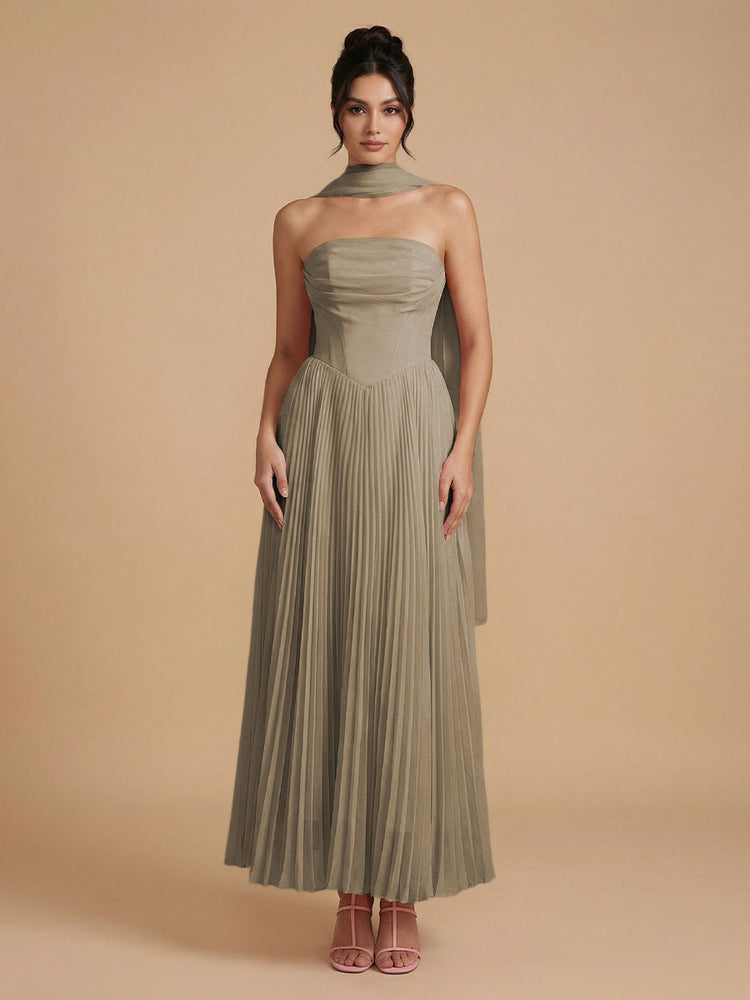 Chiffon A-Line Strapless Long Bridesmaid Dresses with Scarf