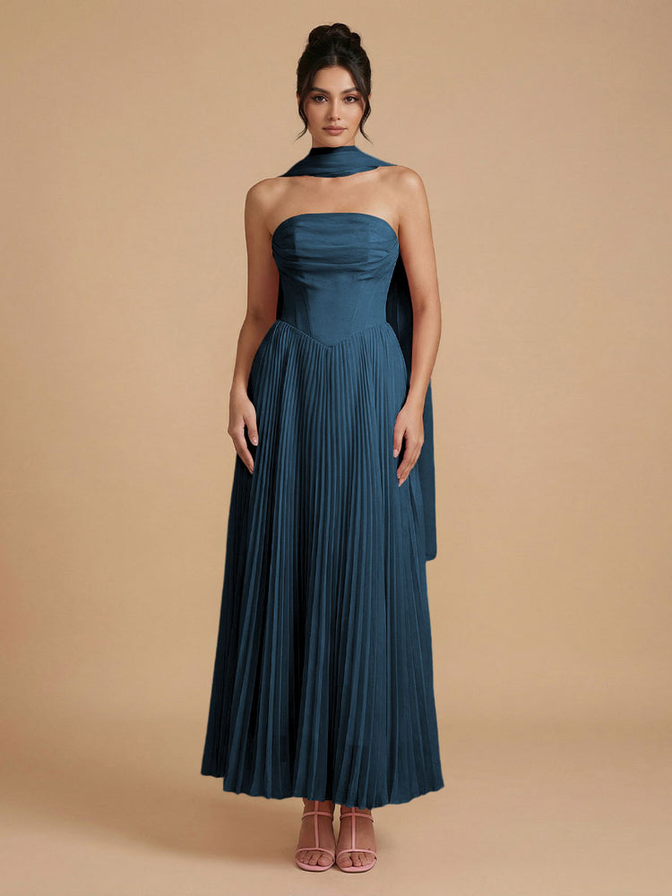 Chiffon A-Line Strapless Long Bridesmaid Dresses with Scarf