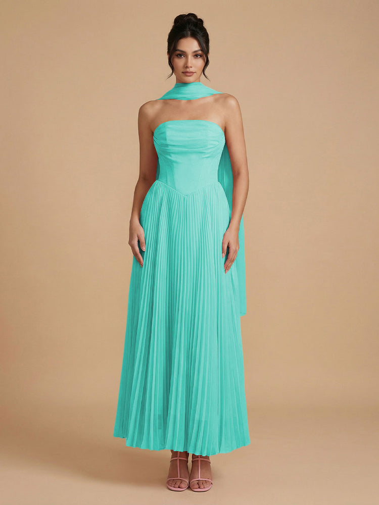 Chiffon A-Line Strapless Long Bridesmaid Dresses with Scarf