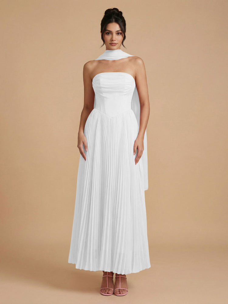 Chiffon A-Line Strapless Long Bridesmaid Dresses with Scarf