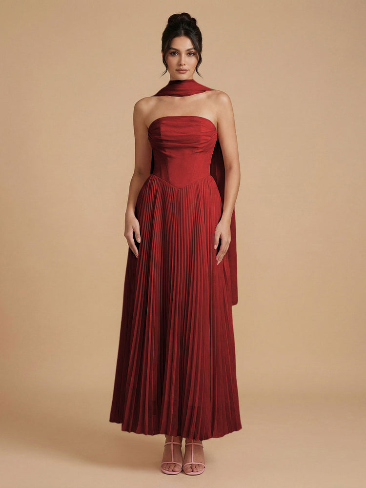 Chiffon A-Line Strapless Long Bridesmaid Dresses with Scarf