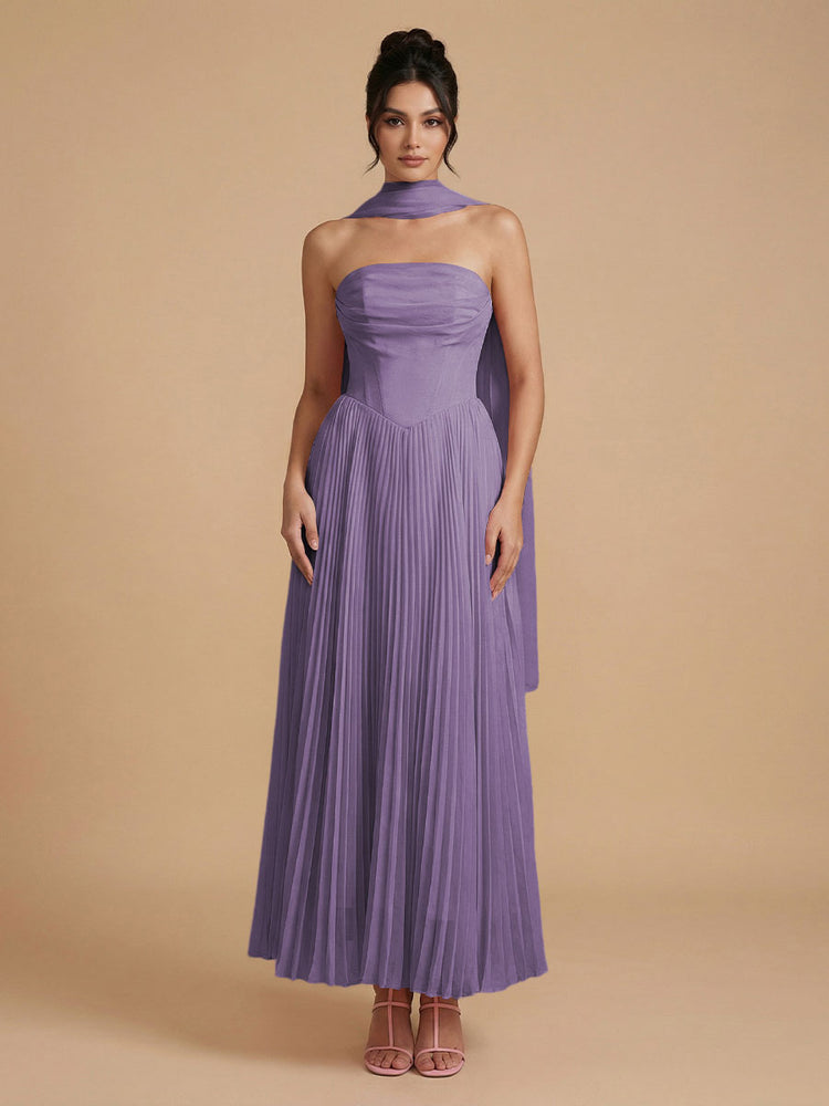 Chiffon A-Line Strapless Long Bridesmaid Dresses with Scarf