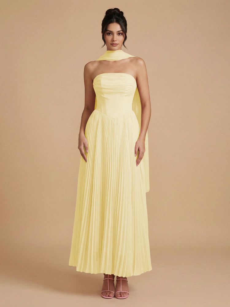 Chiffon A-Line Strapless Long Bridesmaid Dresses with Scarf