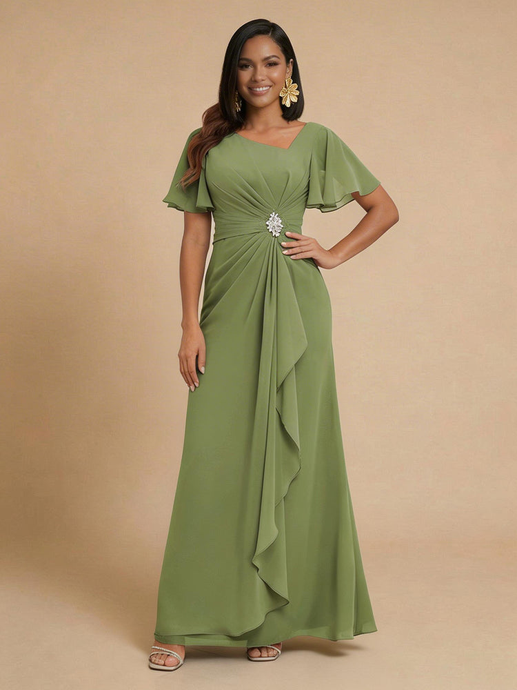 Chiffon A-Line V Neck Long Bridesmaid Dresses with Ruffles