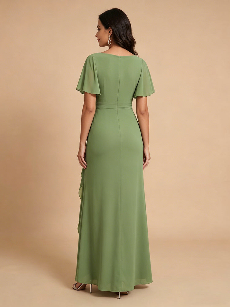 Chiffon A-Line V Neck Long Bridesmaid Dresses with Ruffles
