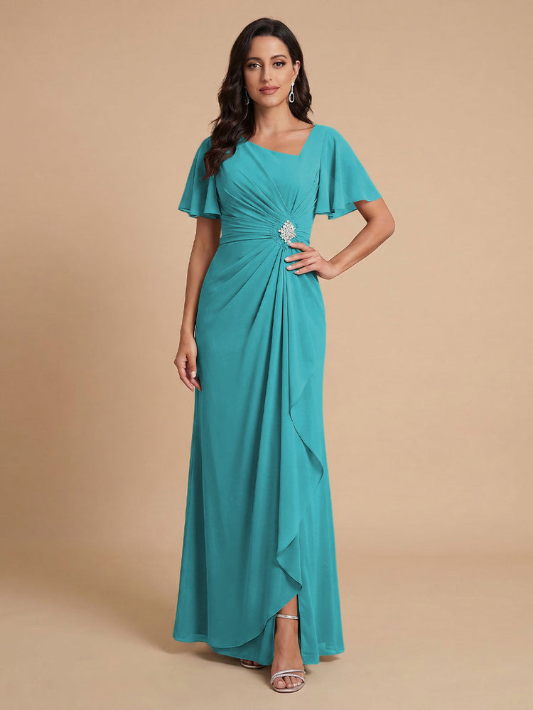 Chiffon A-Line V Neck Long Bridesmaid Dresses with Ruffles
