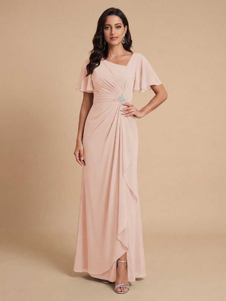 Chiffon A-Line V Neck Long Bridesmaid Dresses with Ruffles