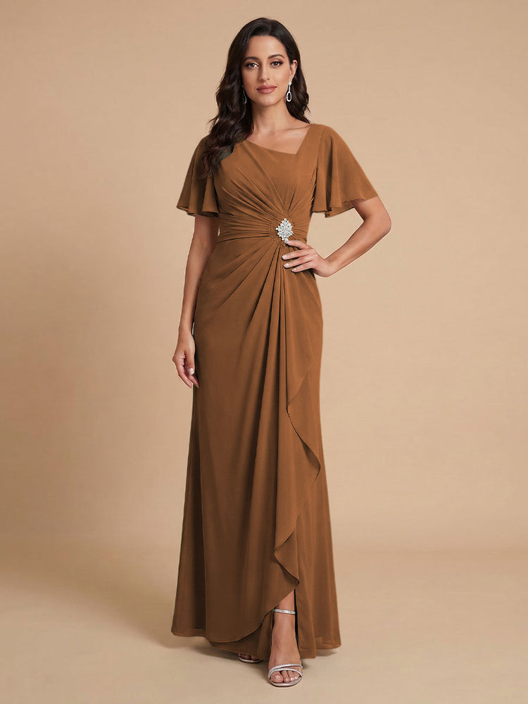 Chiffon A-Line V Neck Long Bridesmaid Dresses with Ruffles