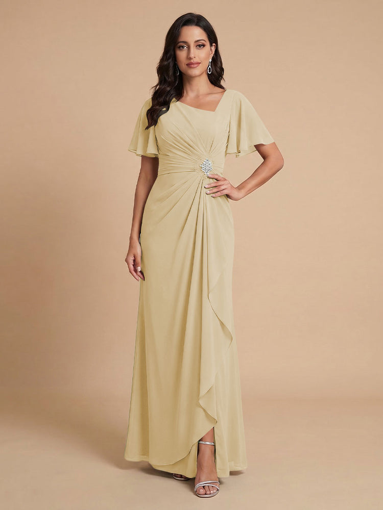 Chiffon A-Line V Neck Long Bridesmaid Dresses with Ruffles