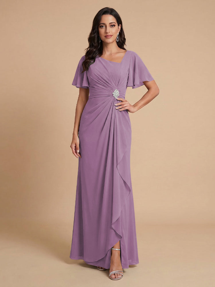Chiffon A-Line V Neck Long Bridesmaid Dresses with Ruffles