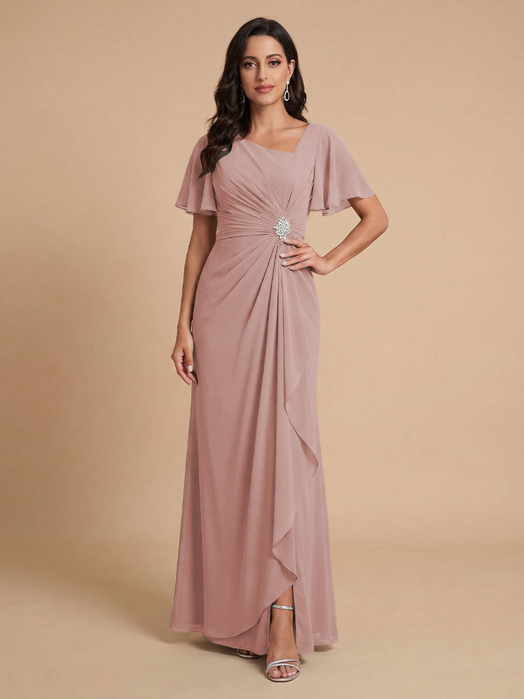 Chiffon A-Line V Neck Long Bridesmaid Dresses with Ruffles
