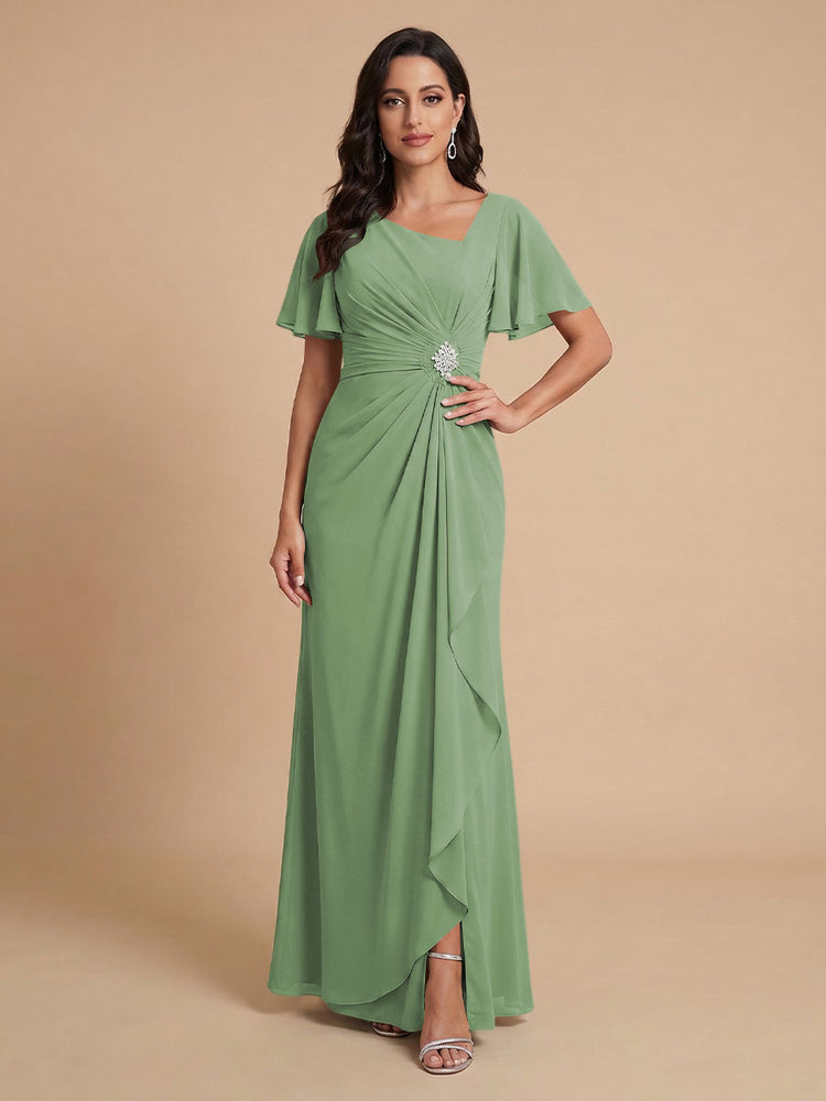 Chiffon A-Line V Neck Long Bridesmaid Dresses with Ruffles