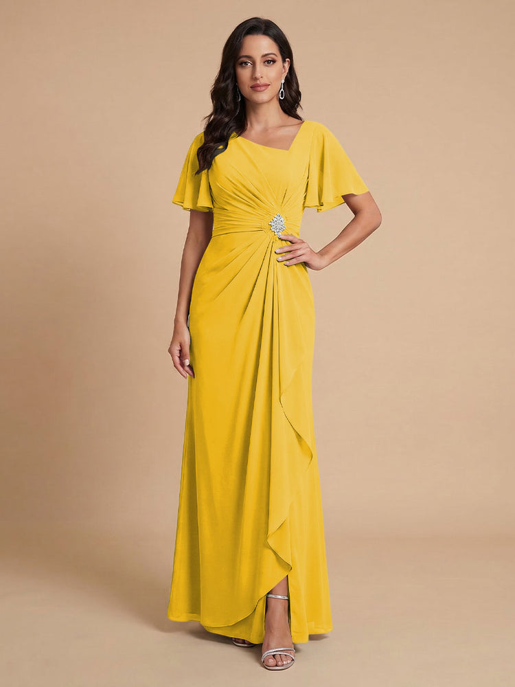 Chiffon A-Line V Neck Long Bridesmaid Dresses with Ruffles