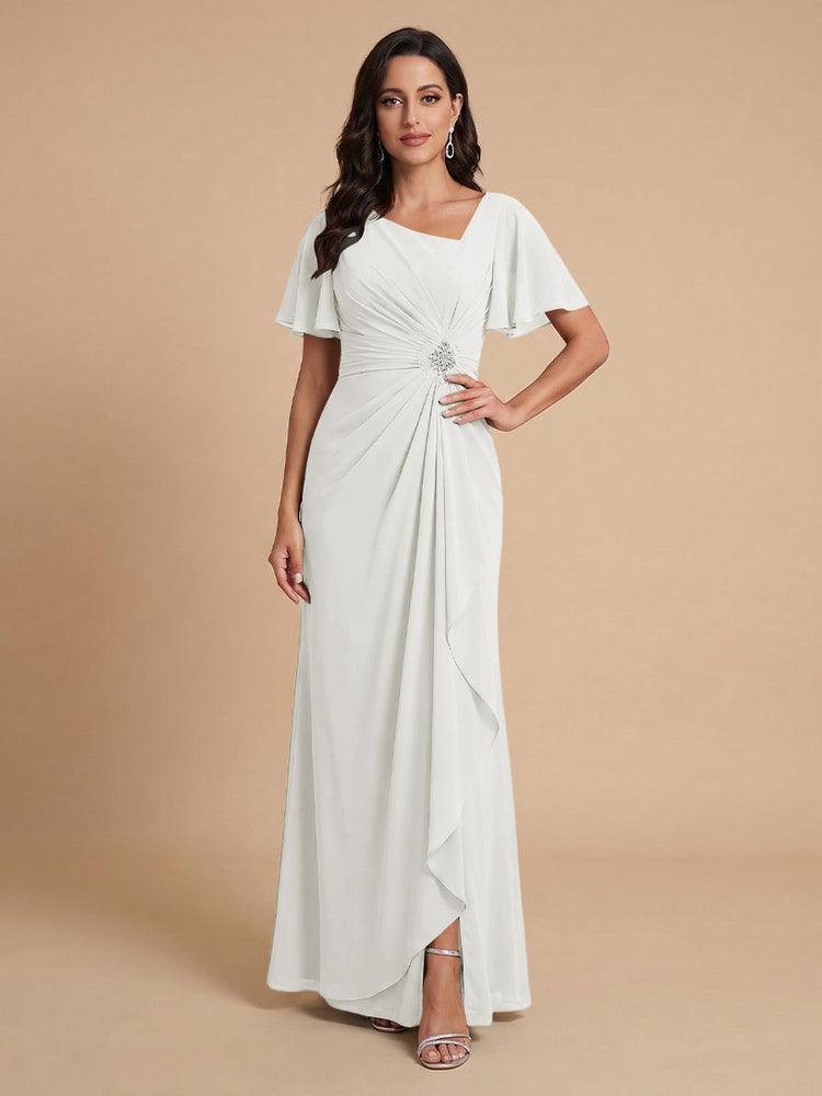 Chiffon A-Line V Neck Long Bridesmaid Dresses with Ruffles