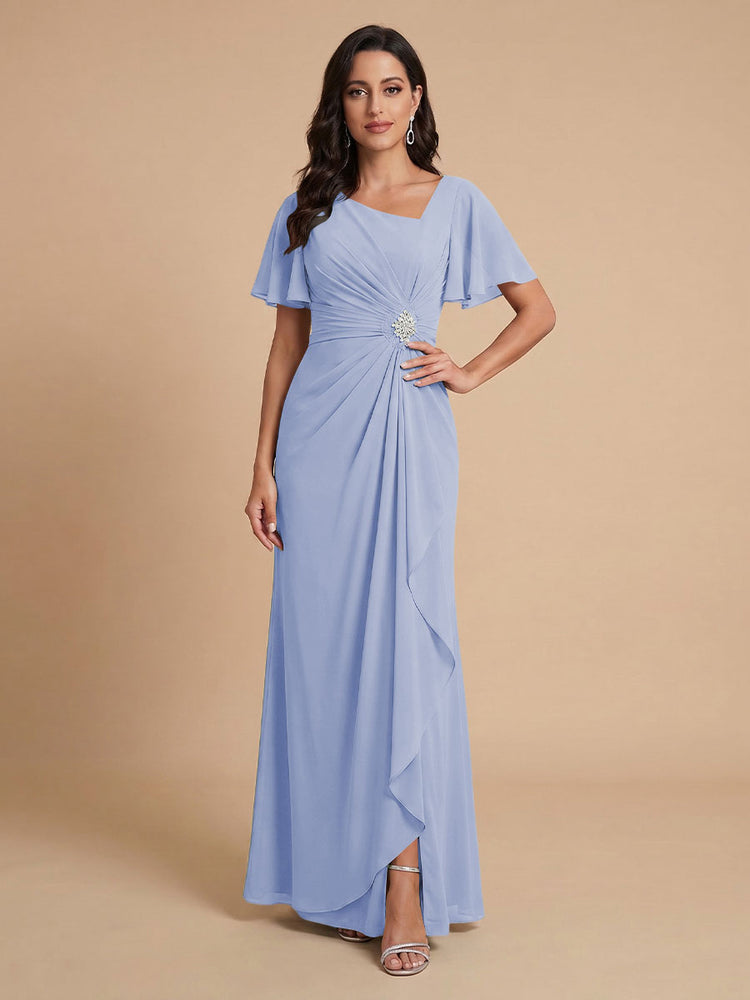 Chiffon A-Line V Neck Long Bridesmaid Dresses with Ruffles