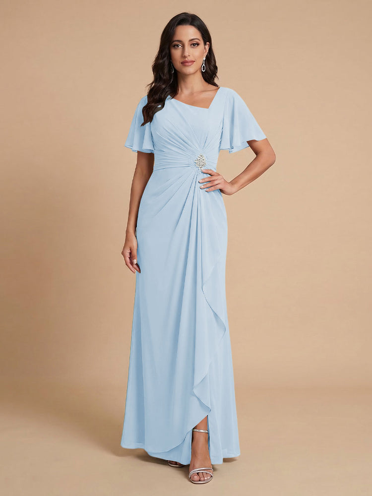 Chiffon A-Line V Neck Long Bridesmaid Dresses with Ruffles