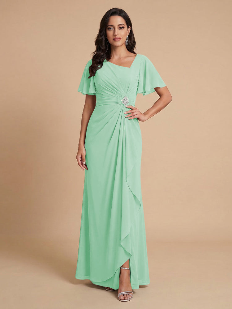 Chiffon A-Line V Neck Long Bridesmaid Dresses with Ruffles