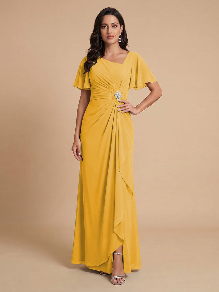 Chiffon A-Line V Neck Long Bridesmaid Dresses with Ruffles