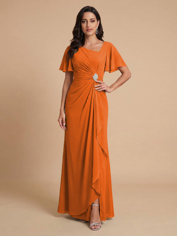 Chiffon A-Line V Neck Long Bridesmaid Dresses with Ruffles