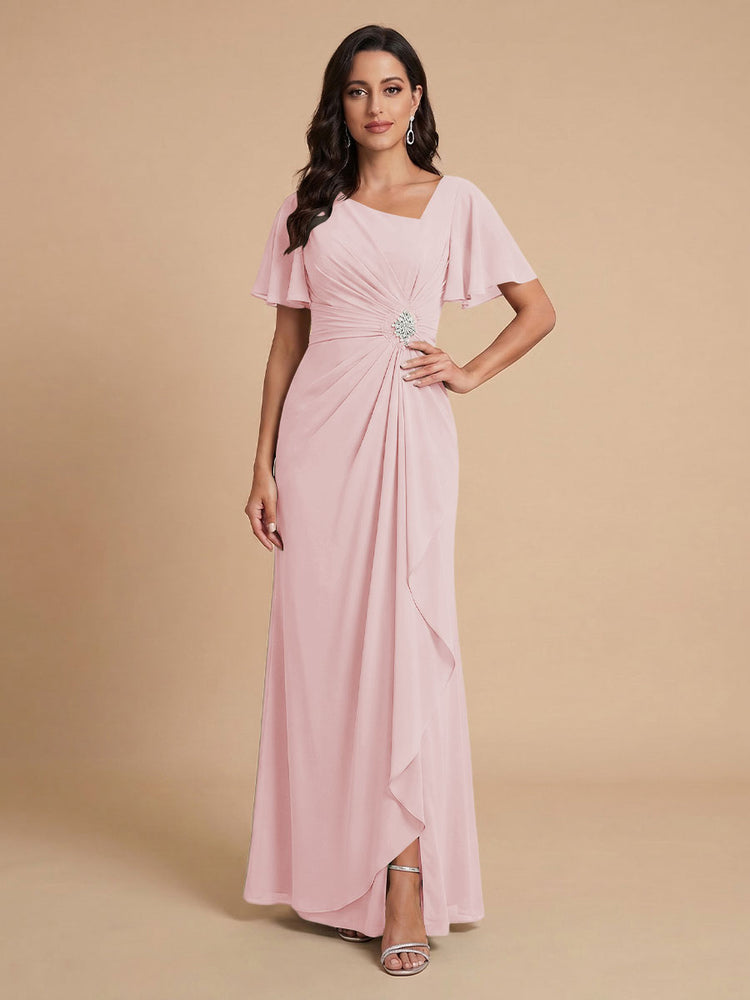 Chiffon A-Line V Neck Long Bridesmaid Dresses with Ruffles