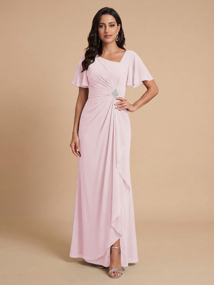 Chiffon A-Line V Neck Long Bridesmaid Dresses with Ruffles