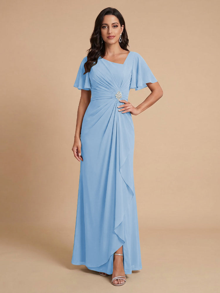 Chiffon A-Line V Neck Long Bridesmaid Dresses with Ruffles