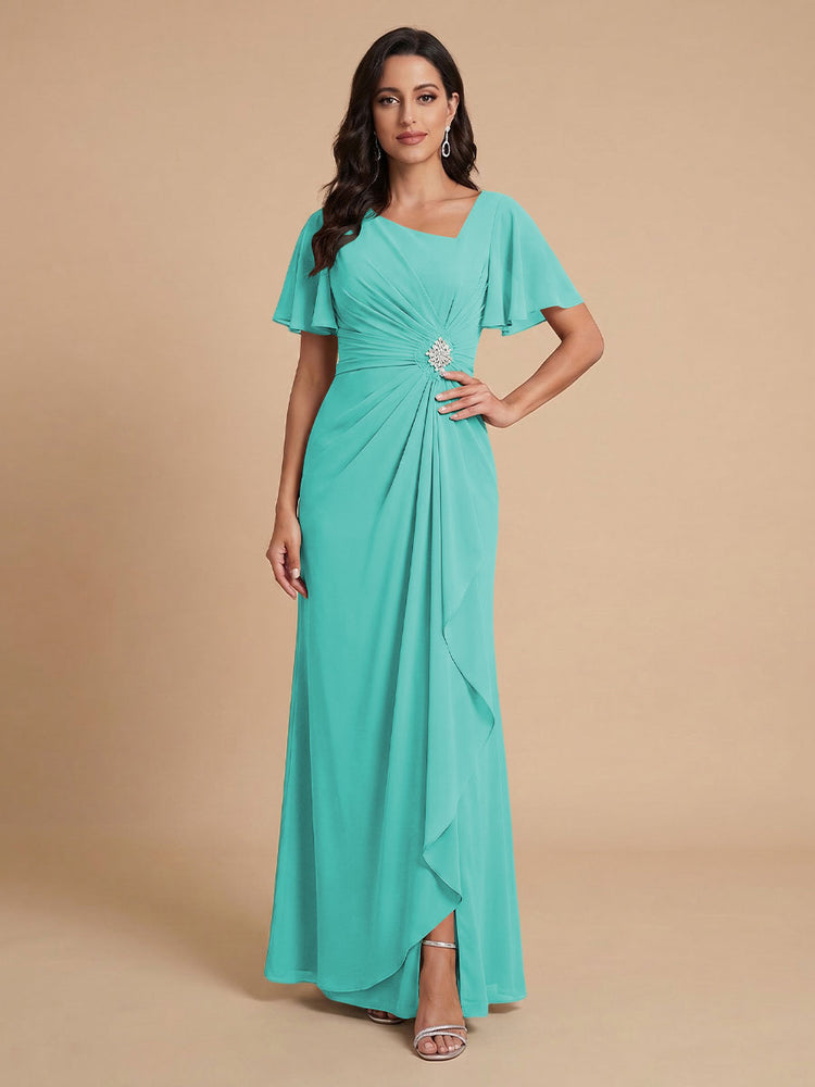 Chiffon A-Line V Neck Long Bridesmaid Dresses with Ruffles