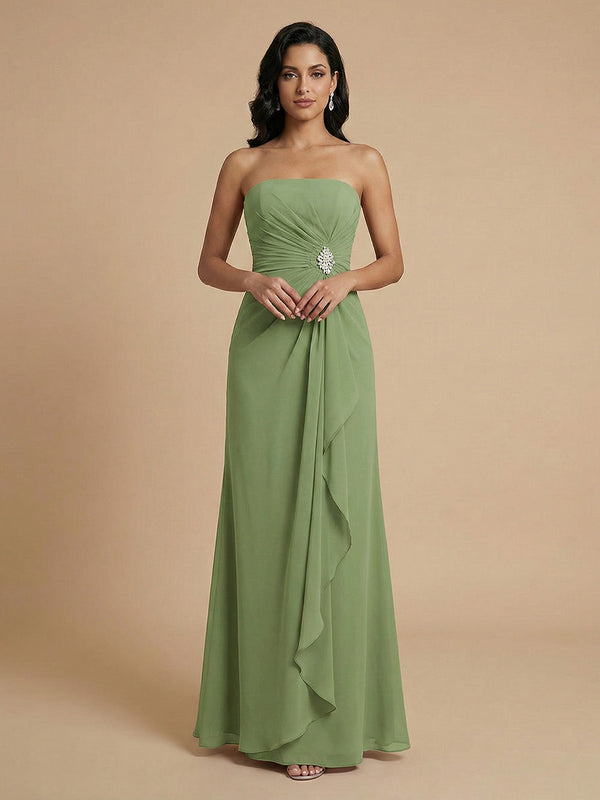Chiffon A-Line Strapless Long Bridesmaid Dresses with Ruffles